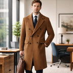 Men's double-breasted long coat with notched lapels