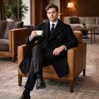 Men's double-breasted long coat with notched lapels