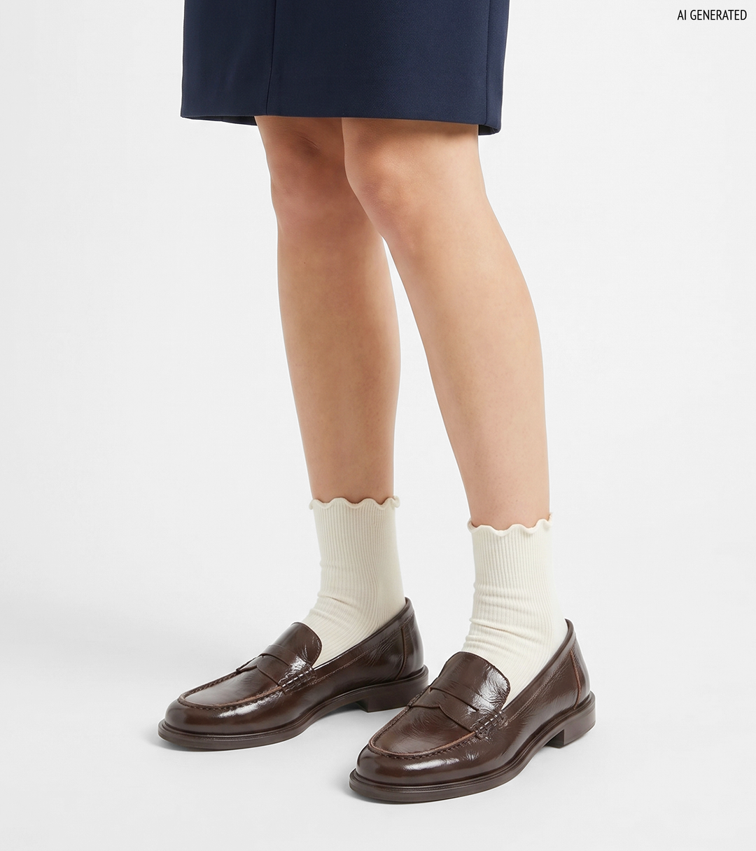 Women's dark brown glossy penny loafers with rounded toes and low block heels