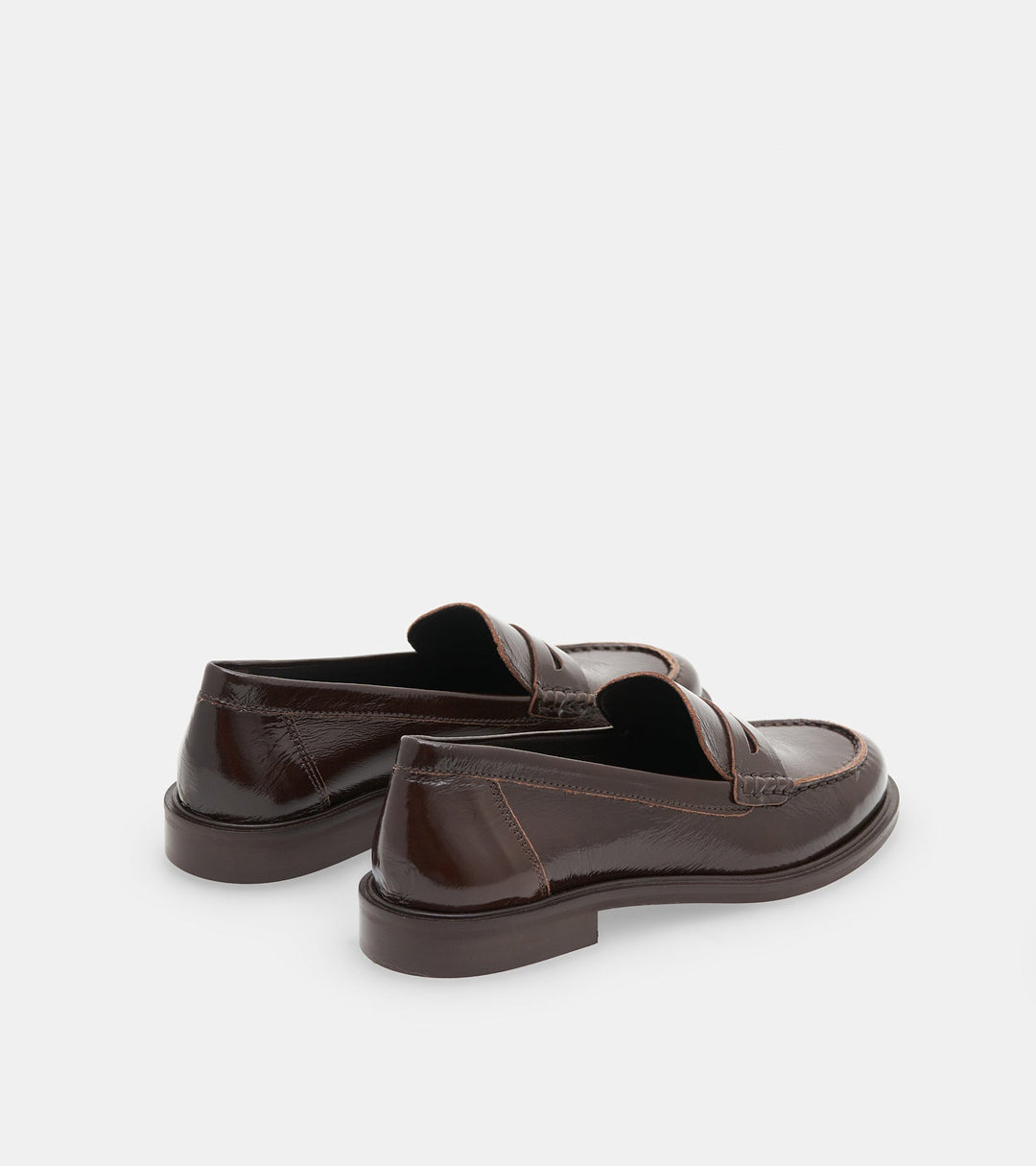 Women's dark brown glossy penny loafers with rounded toes and low block heels