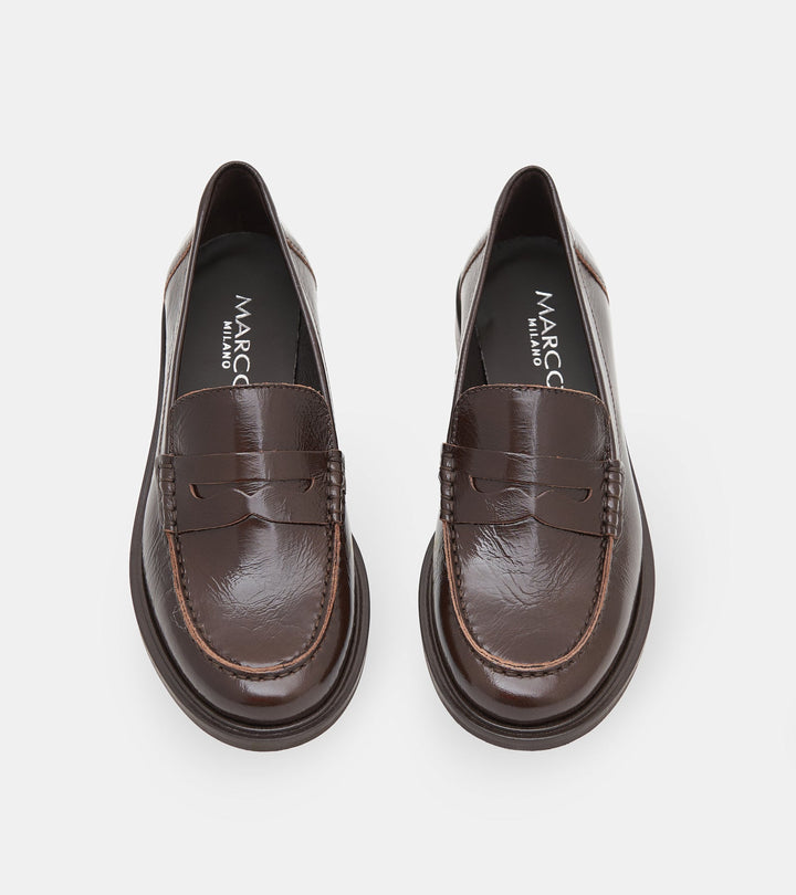 Women's dark brown glossy penny loafers with rounded toes and low block heels