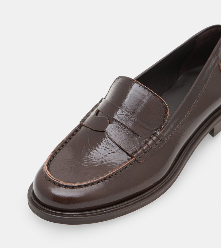 Women's dark brown glossy penny loafers with rounded toes and low block heels