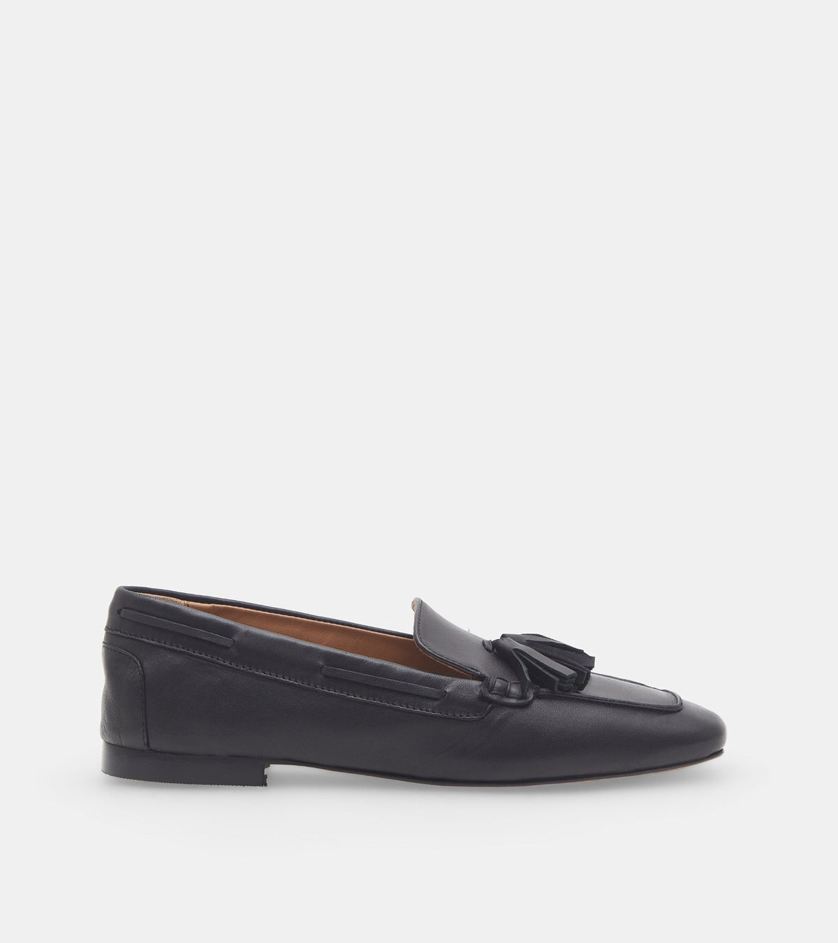 Women's black slip-on loafers with tassel detailing and flat heels