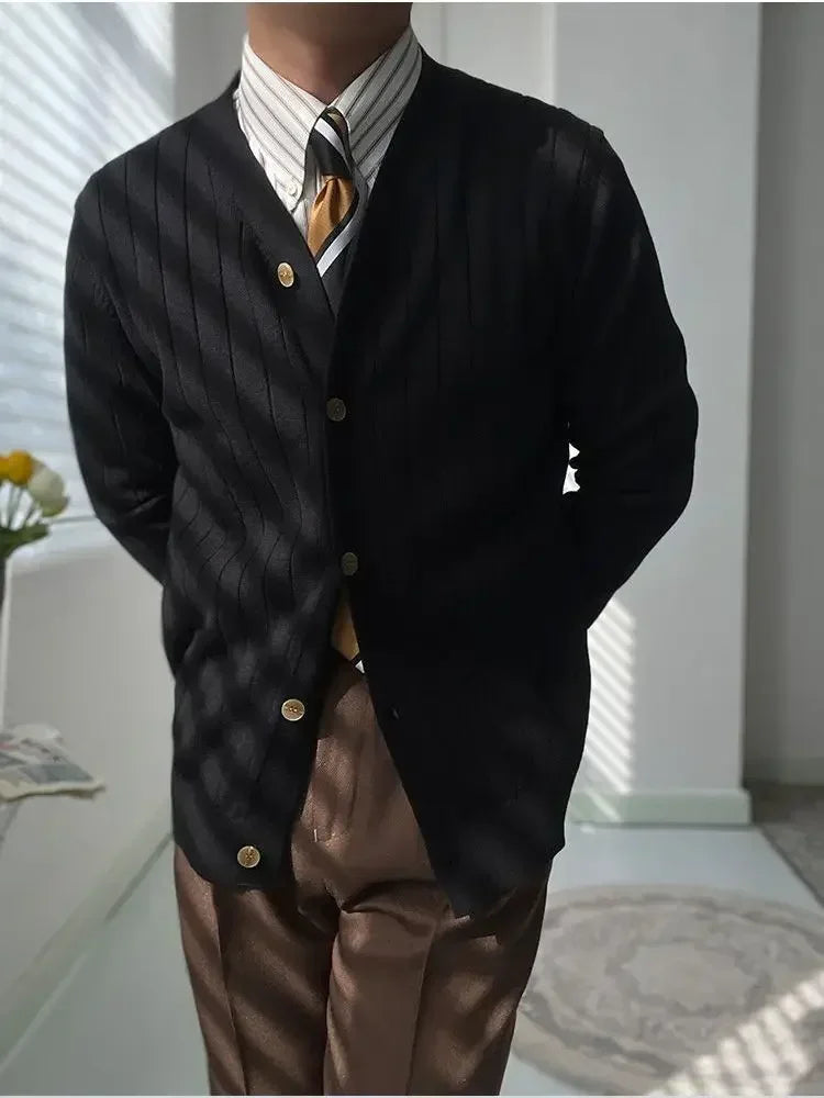 Men's V-neck ribbed cardigan with button front