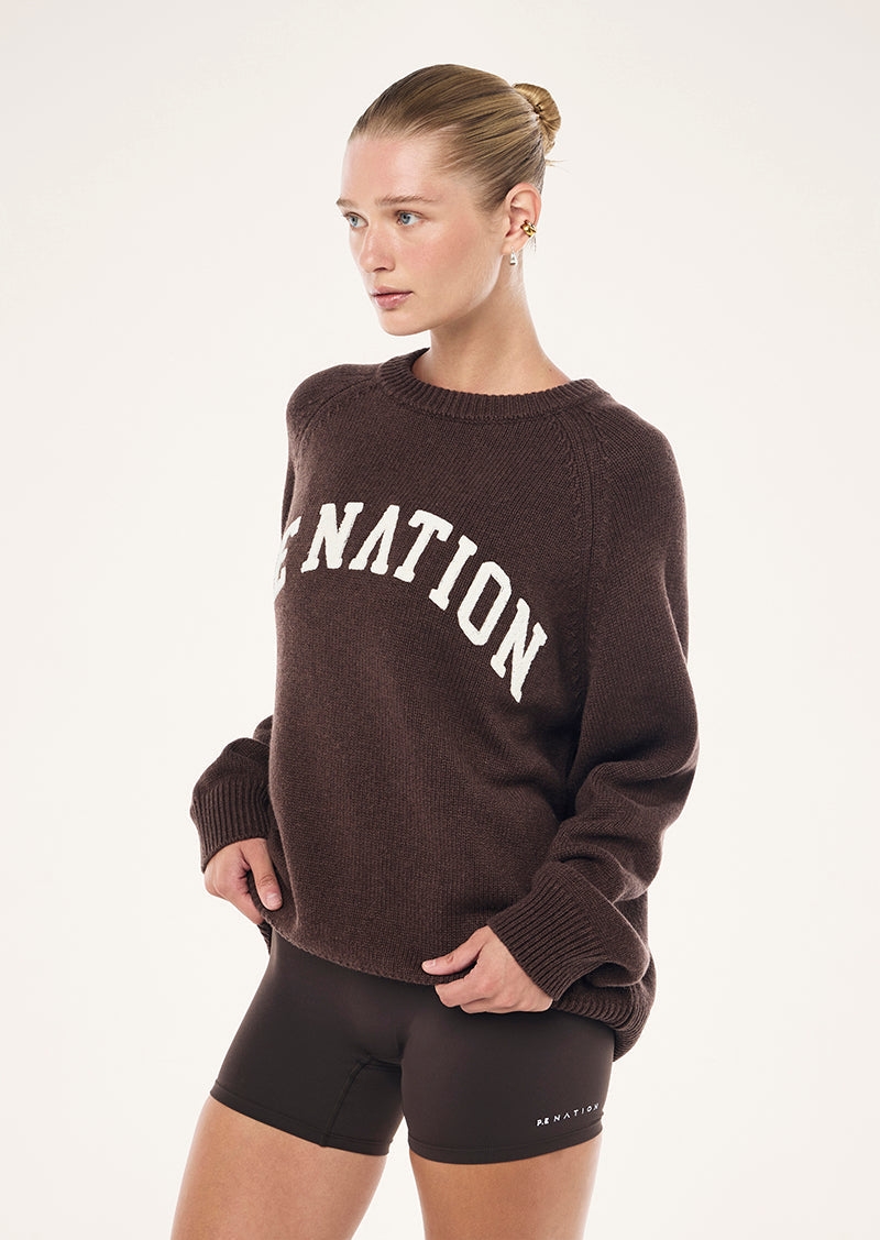 Women's brown crew-neck graphic knit sweater