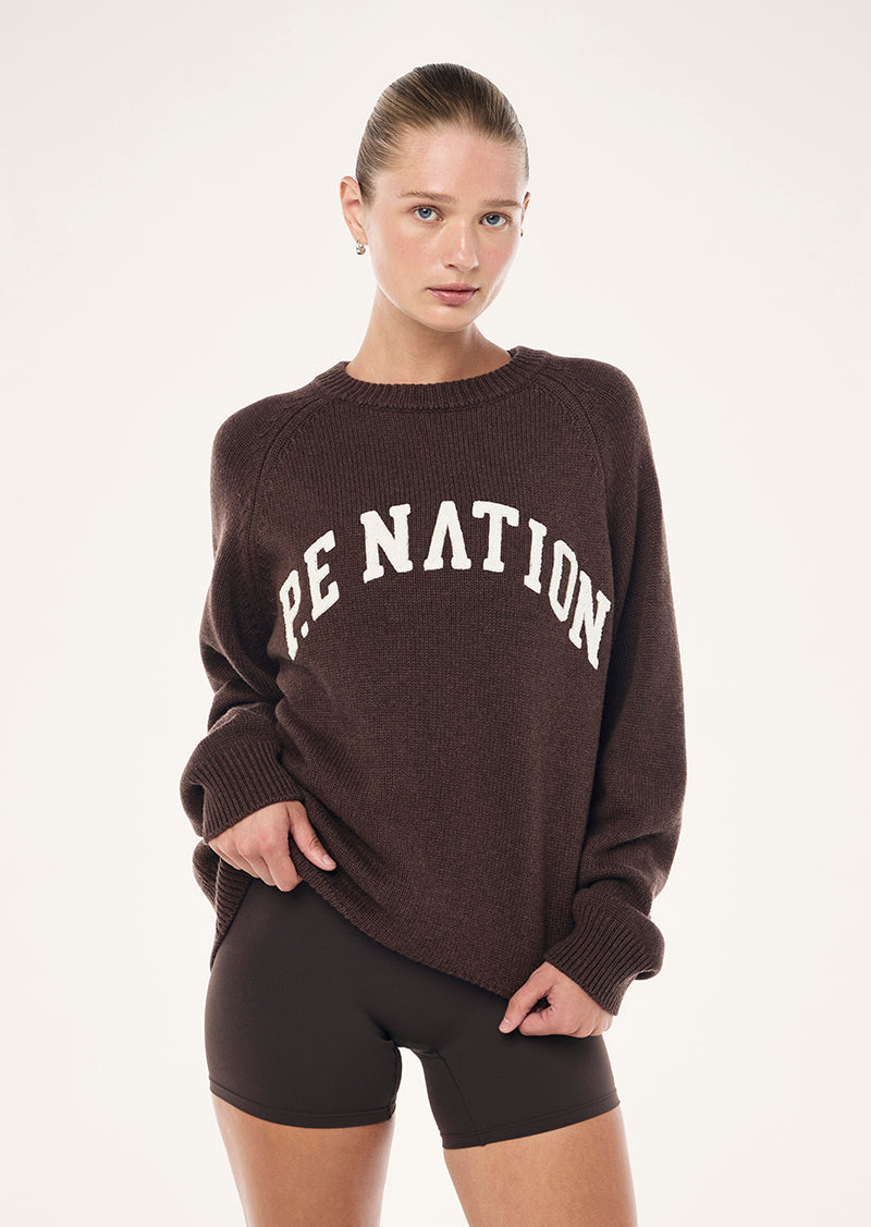 Women's brown crew-neck graphic knit sweater