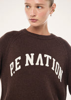 Women's brown crew-neck graphic knit sweater