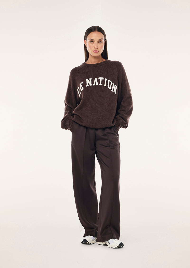 Women's brown crew-neck graphic knit sweater