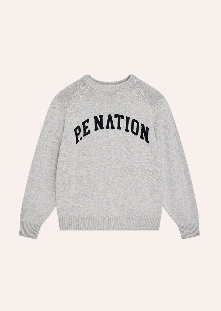 Grey marle crew neck knit sweater with dark chest text