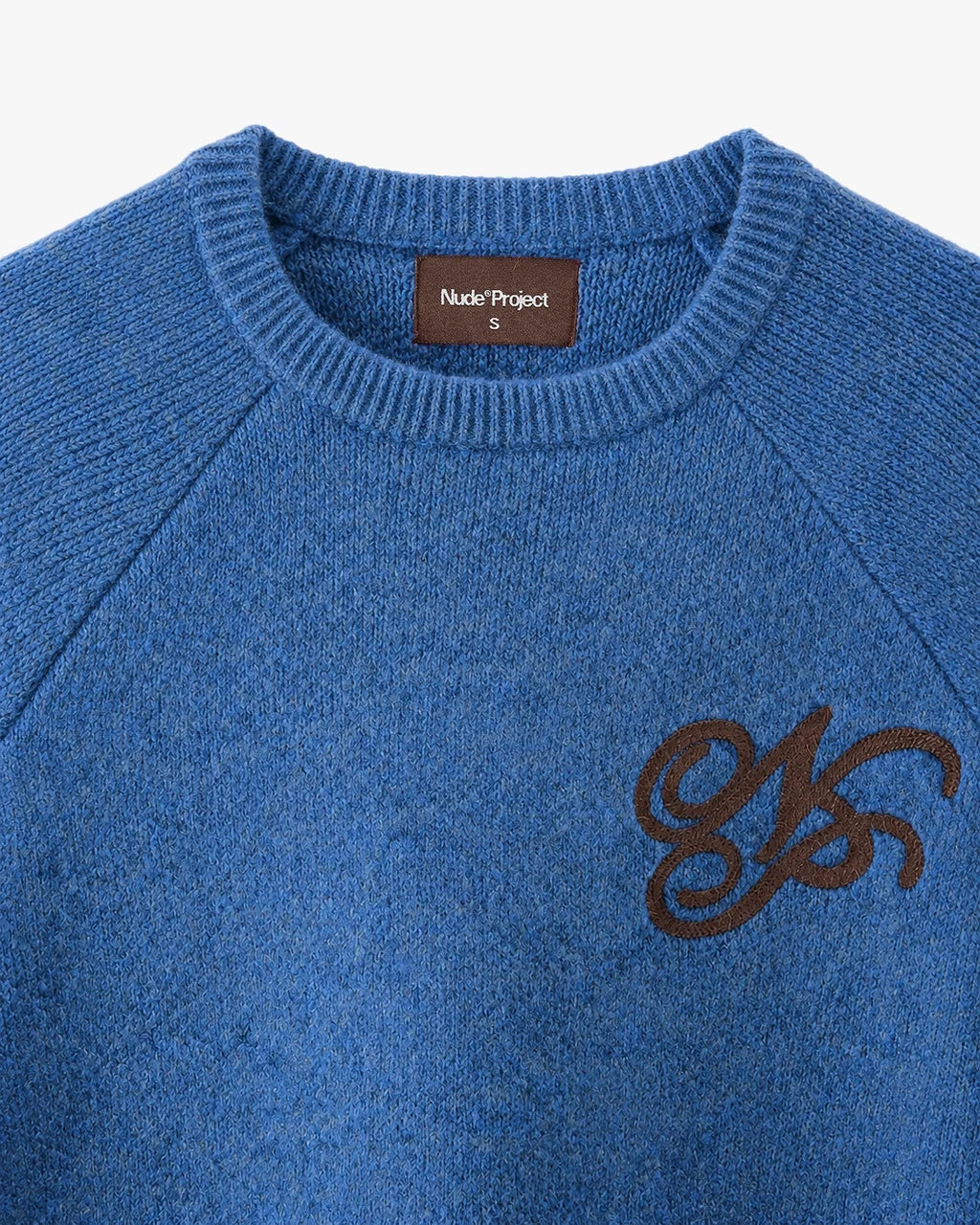 Women's blue crew-neck knit sweater with chest emblem