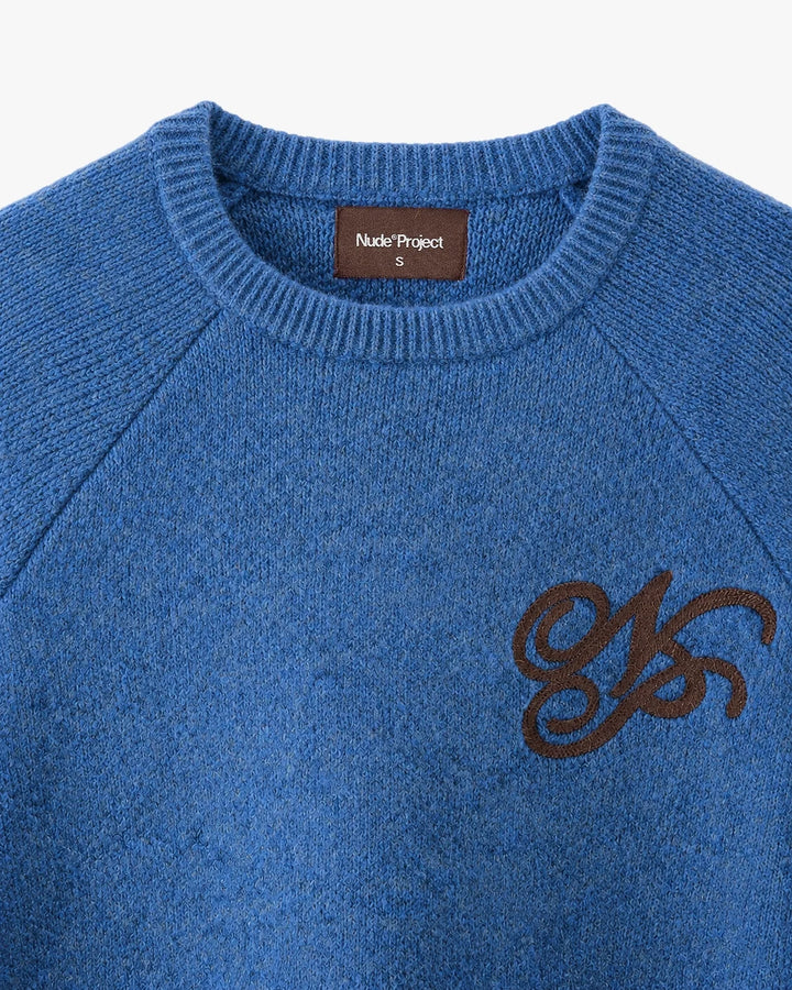 Women's blue crew-neck knit sweater with chest emblem