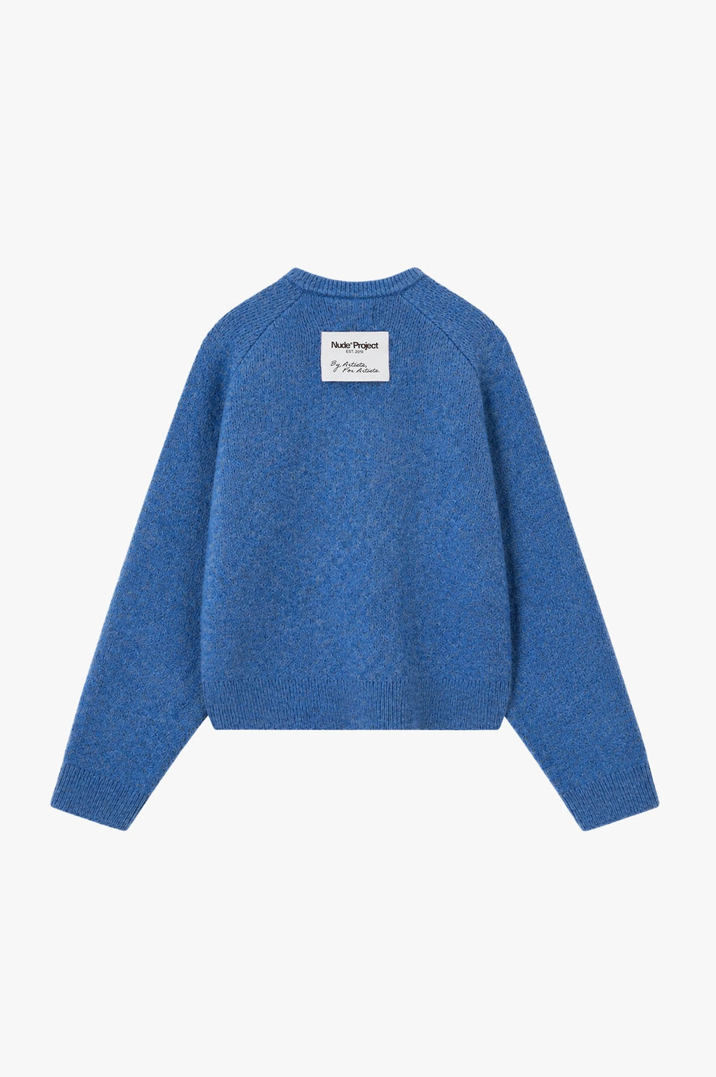 Women's blue crew-neck knit sweater with chest emblem