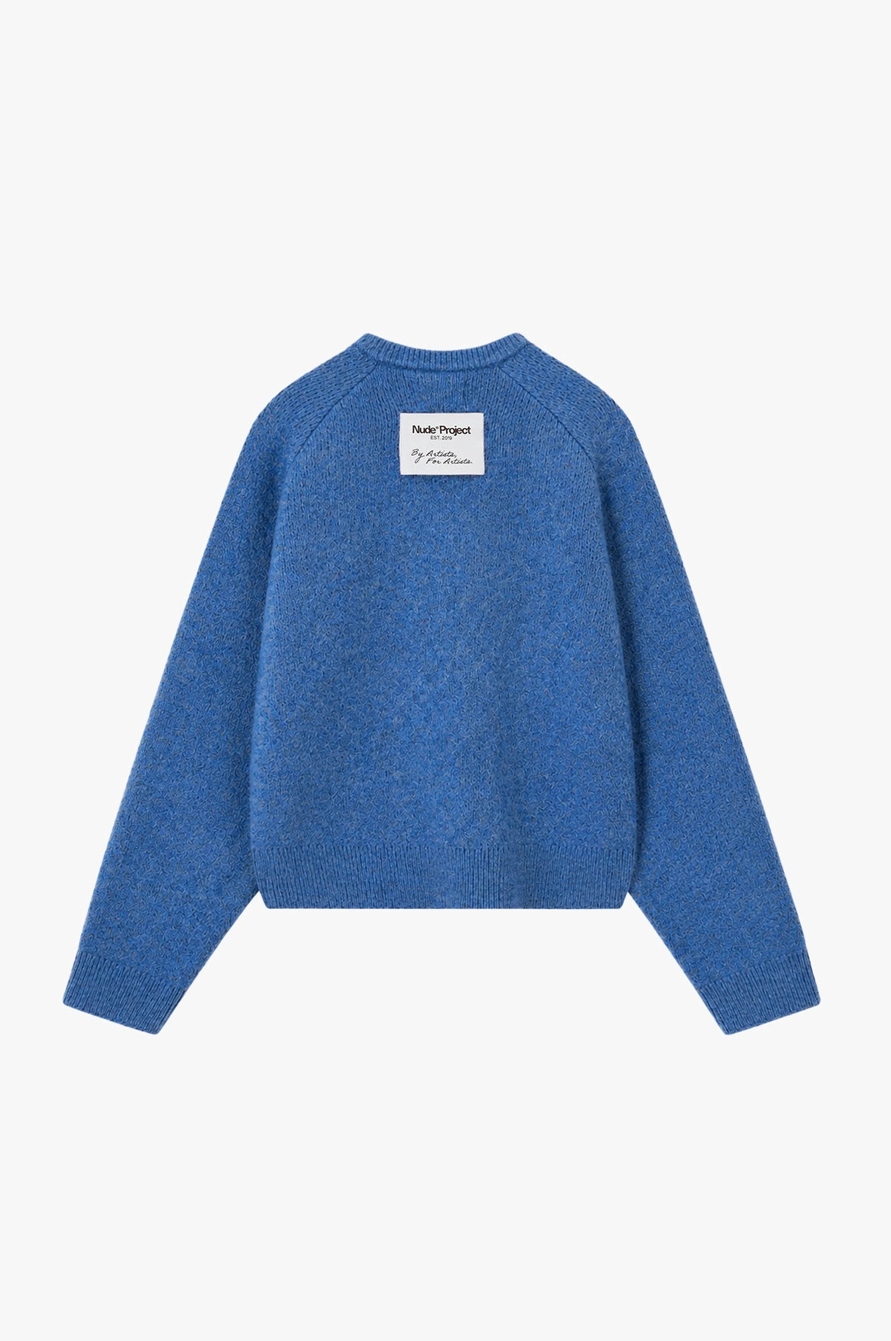 Women's blue crew-neck knit sweater with chest emblem