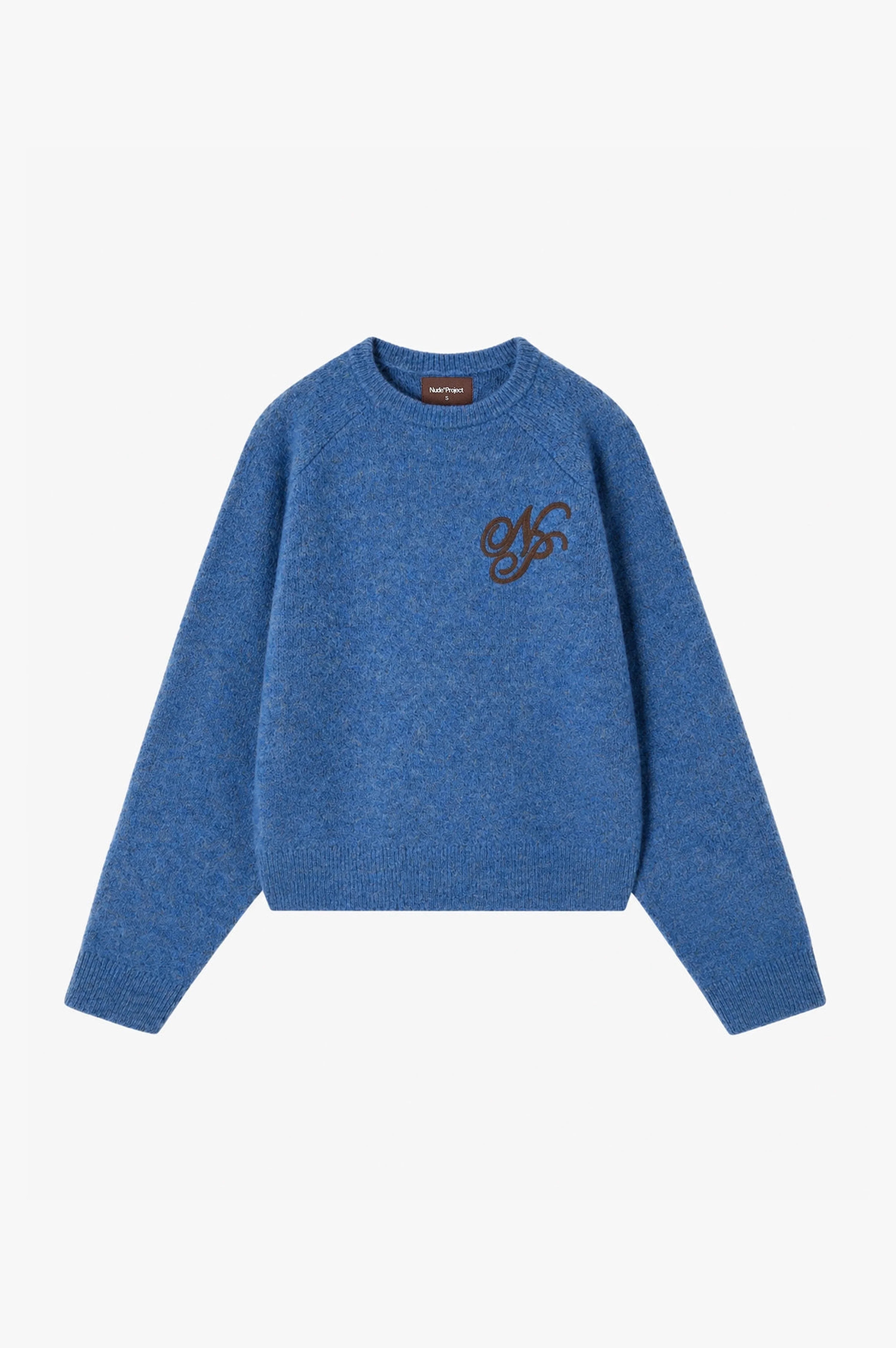 Women's blue crew-neck knit sweater with chest emblem
