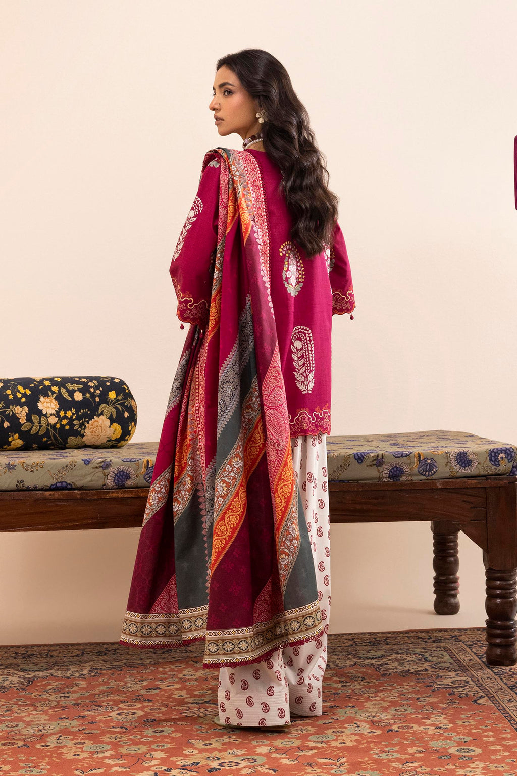 Women's multicoloured printed three-piece lawn suit with burgundy tunic, wide trousers and dupatta
