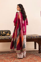 Women's multicoloured printed three-piece lawn suit with burgundy tunic, wide trousers and dupatta