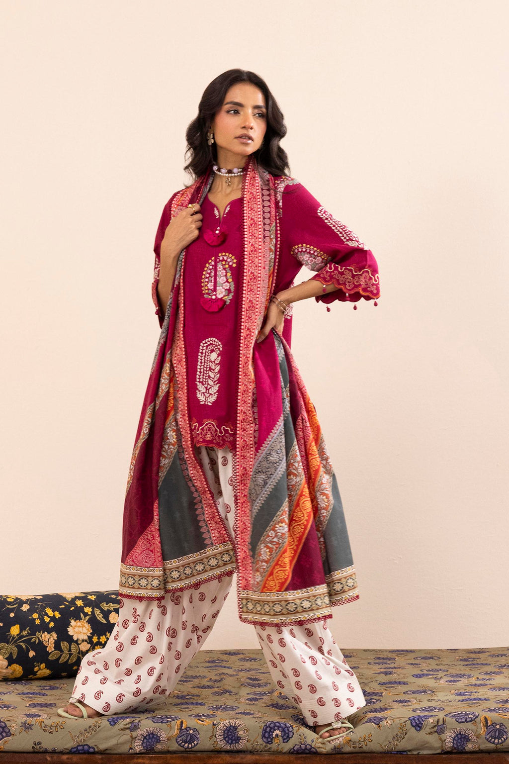 Women's multicoloured printed three-piece lawn suit with burgundy tunic, wide trousers and dupatta