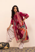 Women's multicoloured printed three-piece lawn suit with burgundy tunic, wide trousers and dupatta