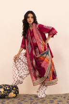 Women's multicoloured printed three-piece lawn suit with burgundy tunic, wide trousers and dupatta