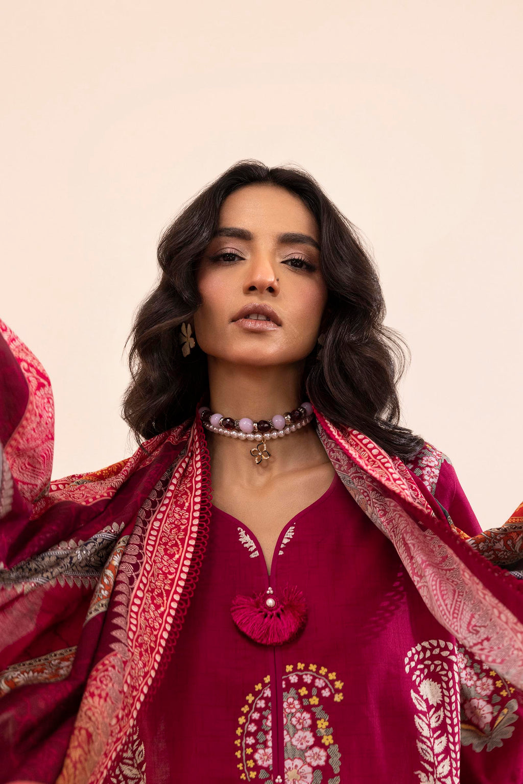 Women's multicoloured printed three-piece lawn suit with burgundy tunic, wide trousers and dupatta