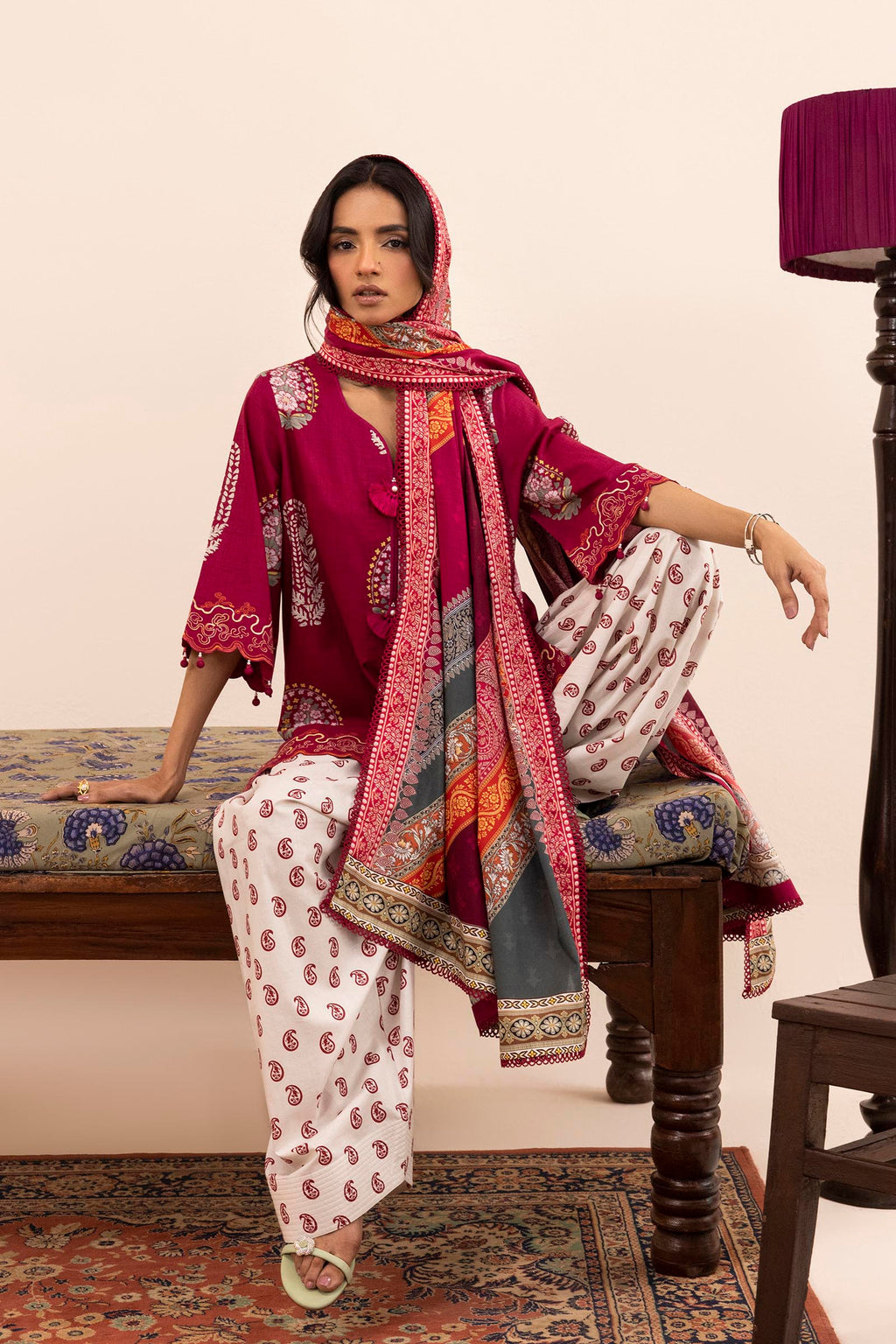 Women's multicoloured printed three-piece lawn suit with burgundy tunic, wide trousers and dupatta