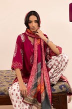 Women's multicoloured printed three-piece lawn suit with burgundy tunic, wide trousers and dupatta