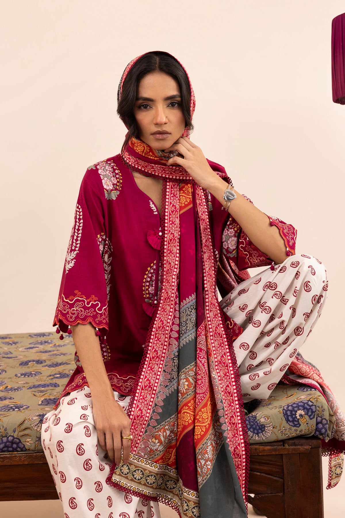 Women's multicoloured printed three-piece lawn suit with burgundy tunic, wide trousers and dupatta