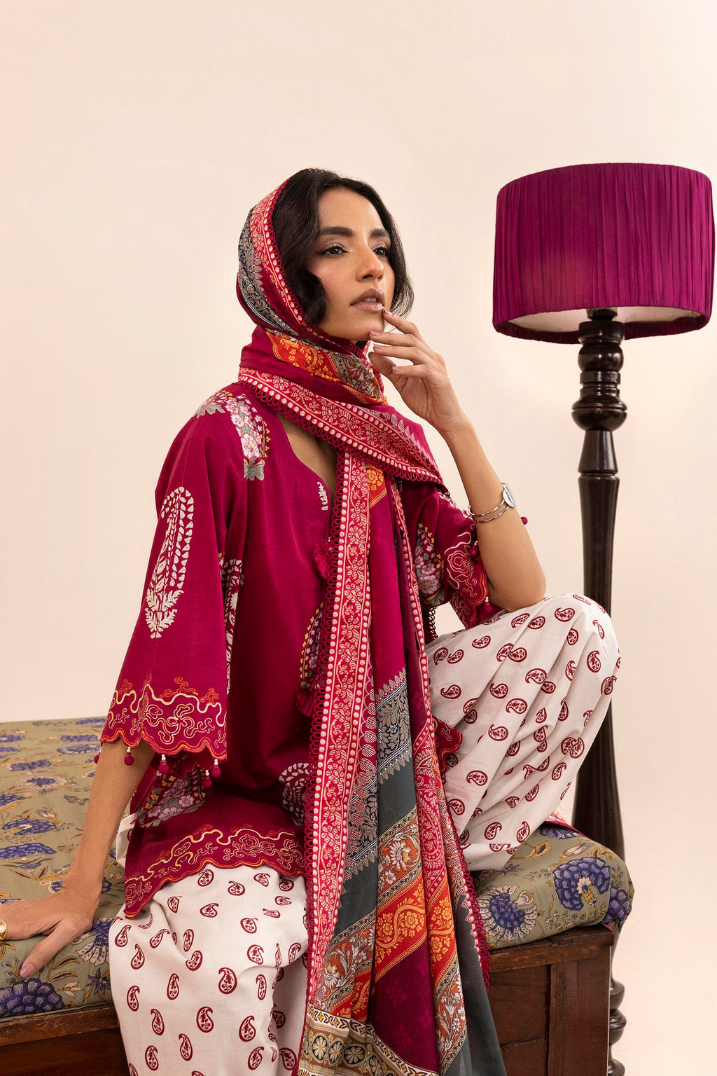 Women's multicoloured printed three-piece lawn suit with burgundy tunic, wide trousers and dupatta