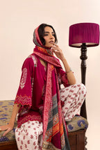 Women's multicoloured printed three-piece lawn suit with burgundy tunic, wide trousers and dupatta