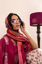 Women's multicoloured printed three-piece lawn suit with burgundy tunic, wide trousers and dupatta
