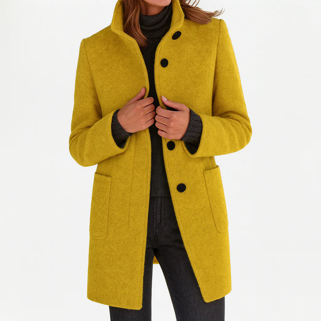 Women's mid-length button front coat with stand collar and patch pockets