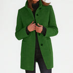 Women's mid-length button front coat with stand collar and patch pockets