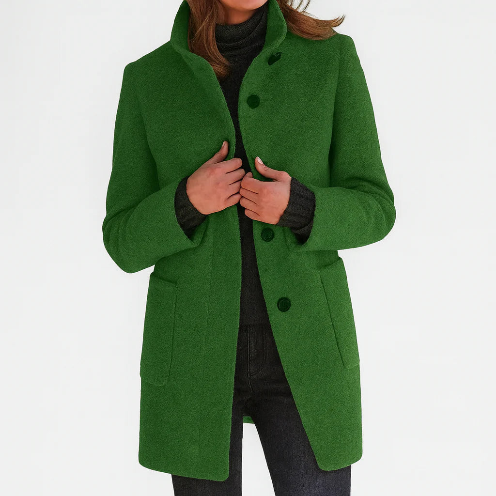 Women's mid-length button front coat with stand collar and patch pockets