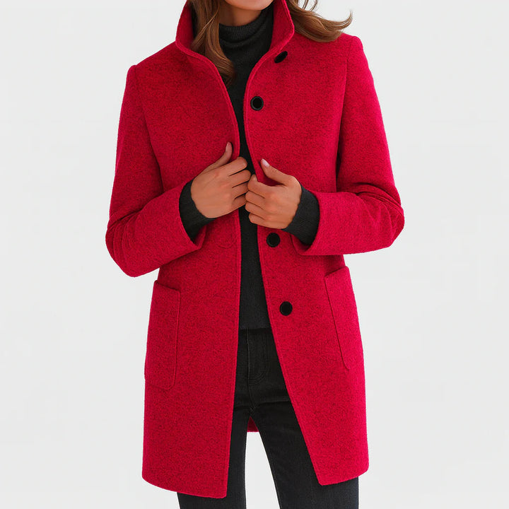 Women's mid-length button front coat with stand collar and patch pockets