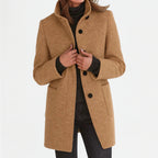 Women's mid-length button front coat with stand collar and patch pockets