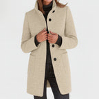 Women's mid-length button front coat with stand collar and patch pockets