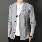 Men's textured cable knit cardigan with shawl collar and button front