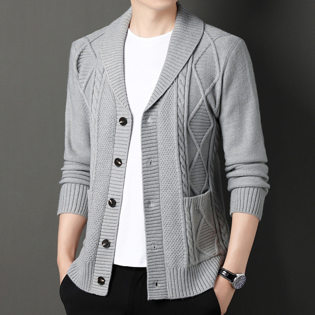 Men's textured cable knit cardigan with shawl collar and button front