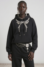 Black embellished hoodie with drawstring hood and wing motif