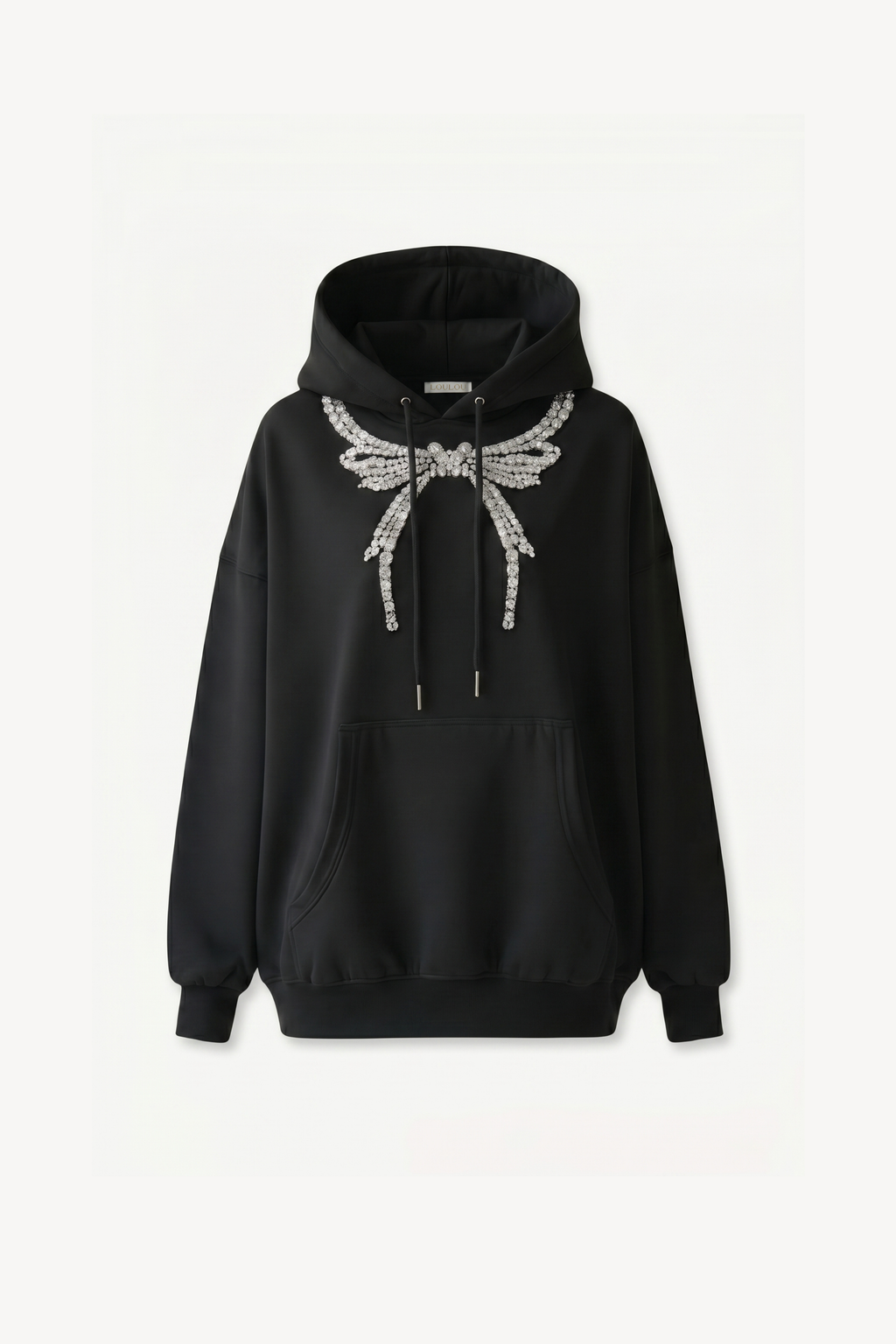 Black embellished hoodie with drawstring hood and wing motif