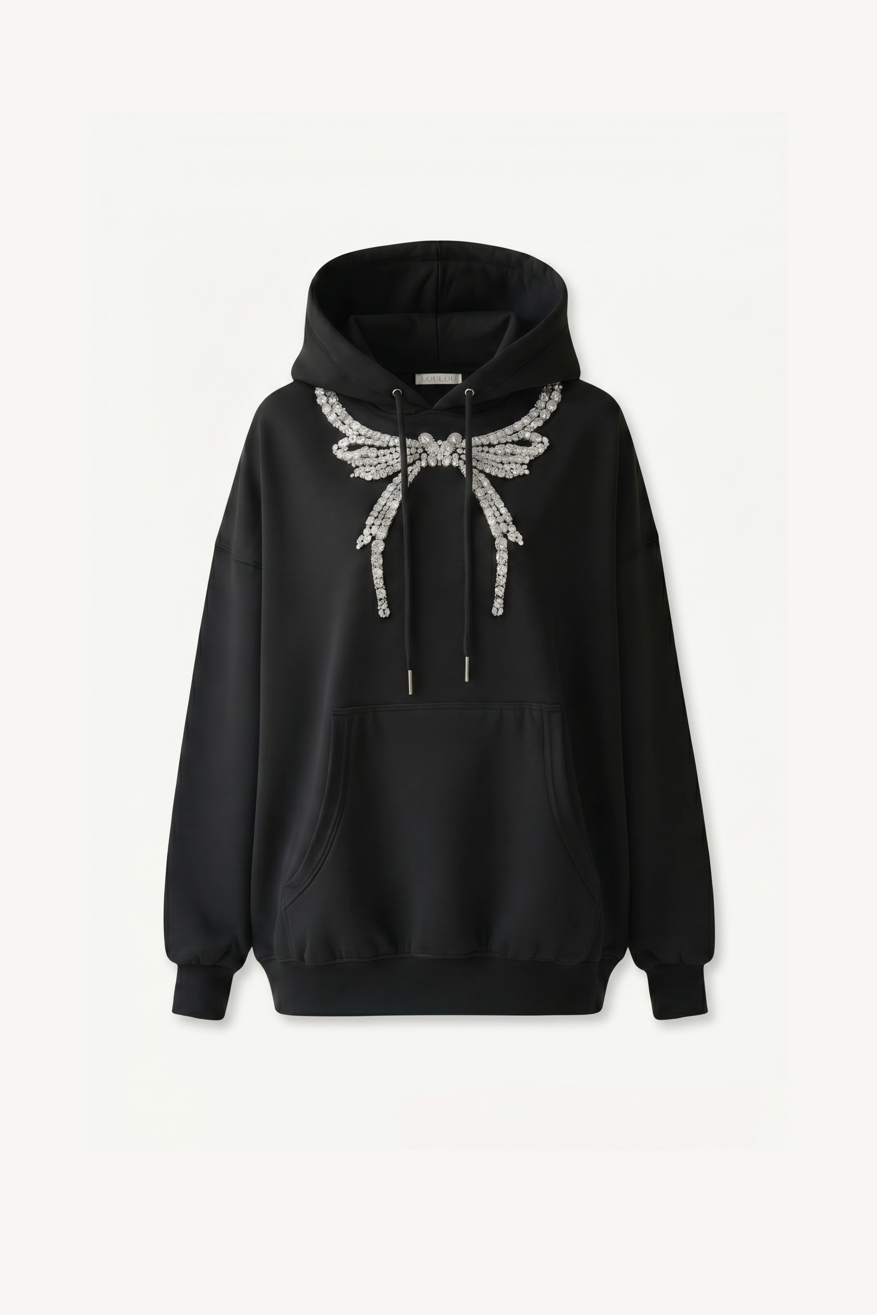 Black embellished hoodie with drawstring hood and wing motif