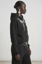 Black embellished hoodie with drawstring hood and wing motif