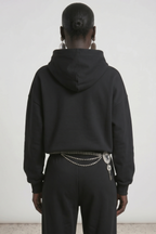 Black embellished hoodie with drawstring hood and wing motif