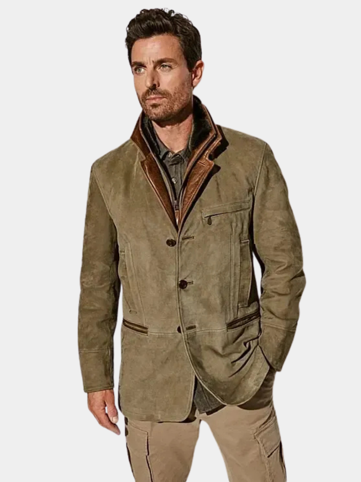 Men's vintage suede-look jacket with layered collar and button front