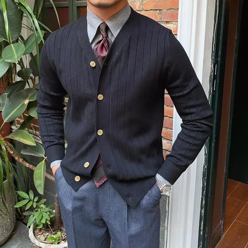Men's V-neck ribbed cardigan with button front