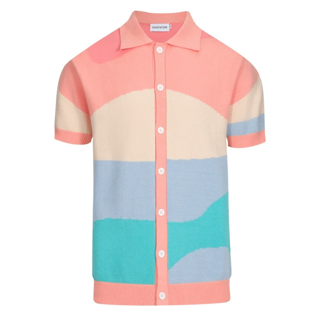 Men's pastel colorblock knit polo shirt with button front