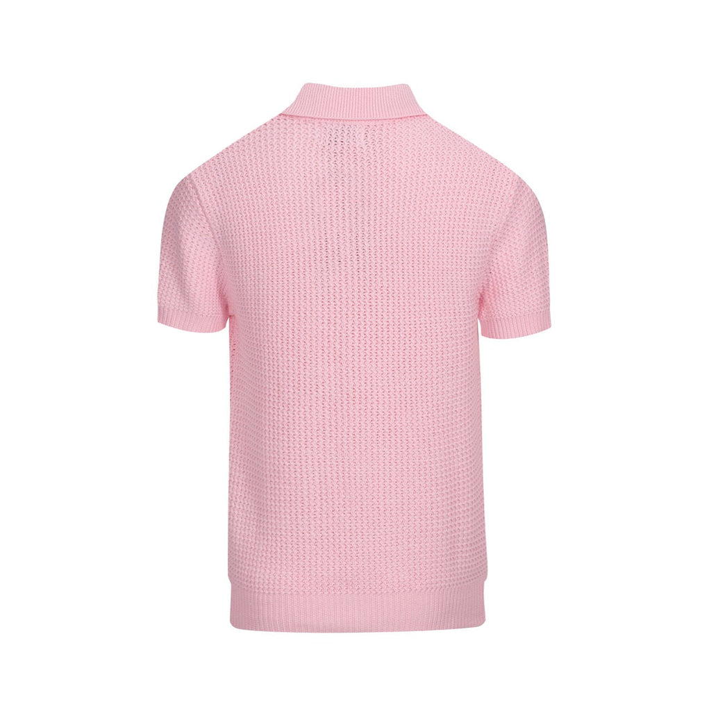 Men's pink waffle knit polo with V-neck collar