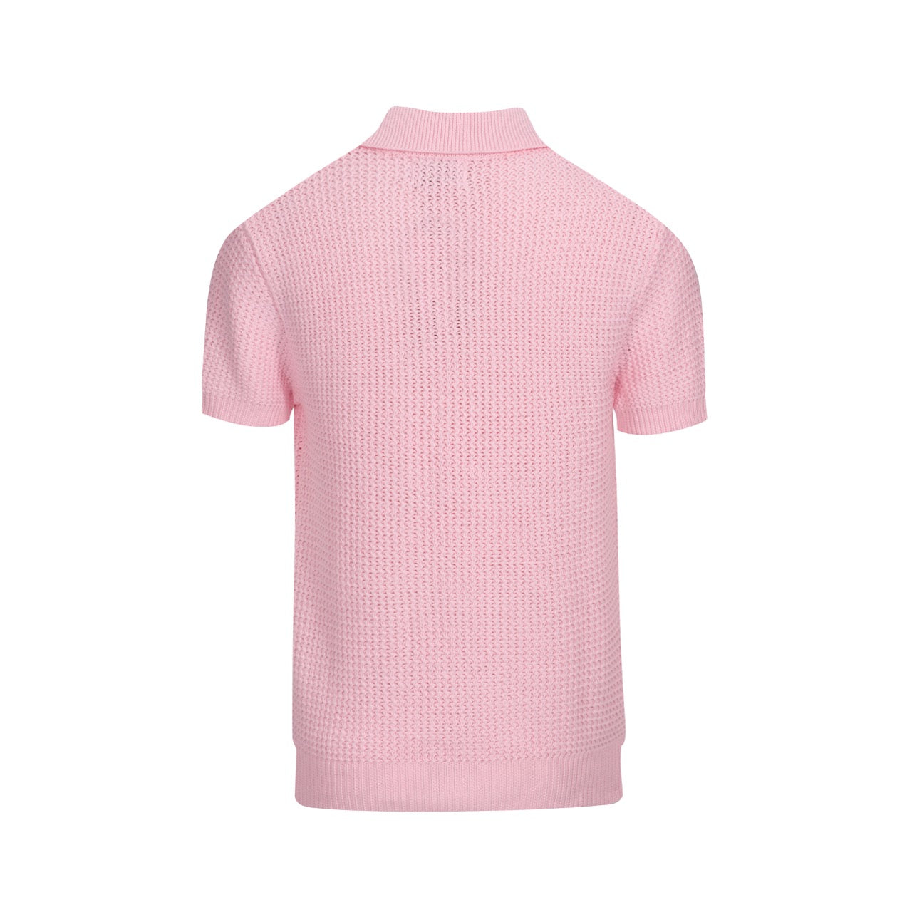 Men's pink waffle knit polo with V-neck collar