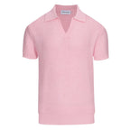 Men's pink waffle knit polo with V-neck collar