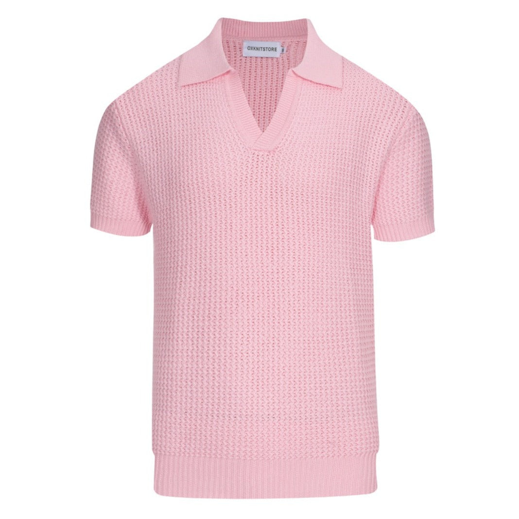 Men's pink waffle knit polo with V-neck collar